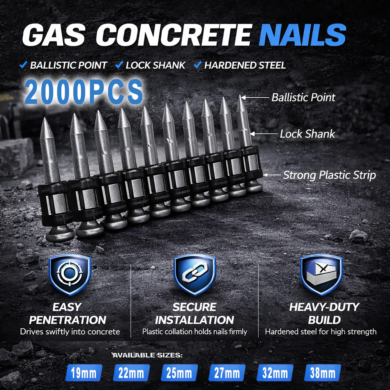 Concrete Fastener Pins 2.9mm Steel Nails 2000PCS Plastic Strip Collation 19-38mm For Cordless Gas Nailer Tool