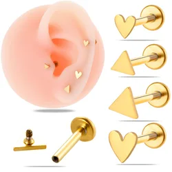 1PC 16G Stainless Steel Cartilage Earrings Lip Studs Heart Triangle internally Thread Flat Back Earring Labret Piercing Jewelry