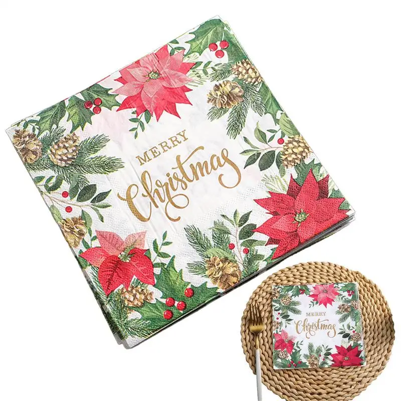 Christmas Napkins Square Printed Flower Dinner Napkins 33x33cm/12.99x12.99 Inches Christmas Hand Towels Home Table Decoration