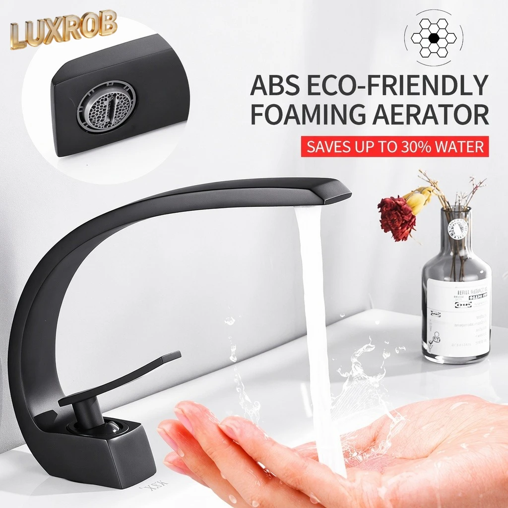 

Luxury Brass Basin Faucet Deck Mounted Black Hot Cold Water Bathroom Basin Wash Mixer Tap Single Hole For Bathroom