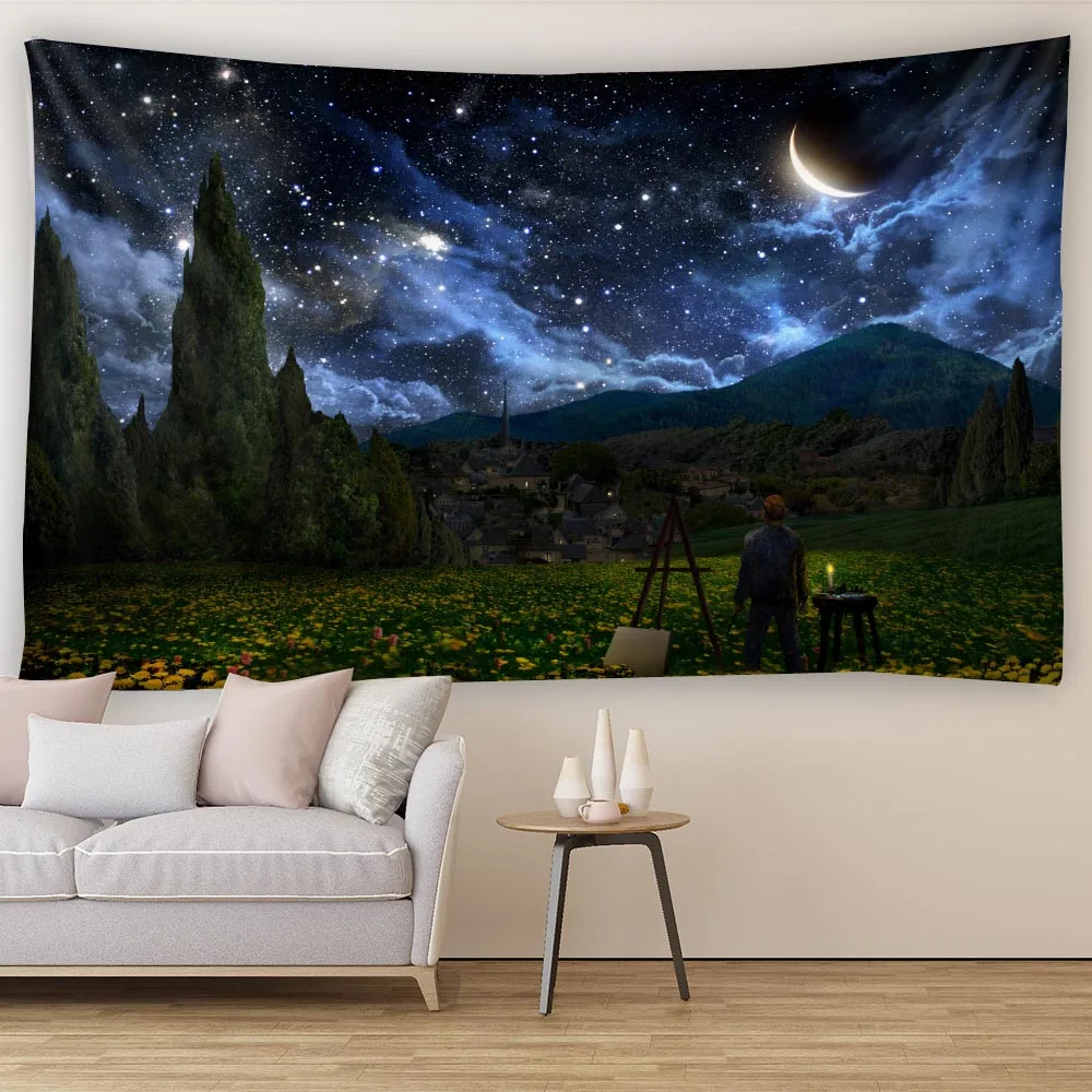Starry Sky Forest Night Oil Painting Tapestry Wall Decor Multiple Patterns Available in Various Sizes Home Decor Hanging Backgro