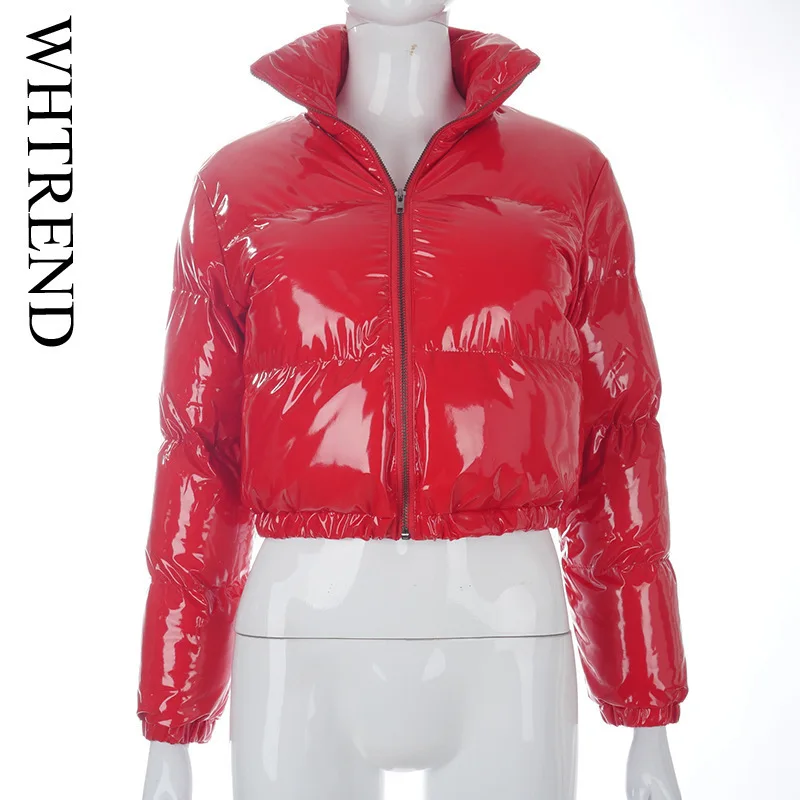 

WHTREND женская однотонная зеркальная укороченная хлопковая стеганая куртка из искусственной кожи с воротником-стойкой, пальто, новинка зимы