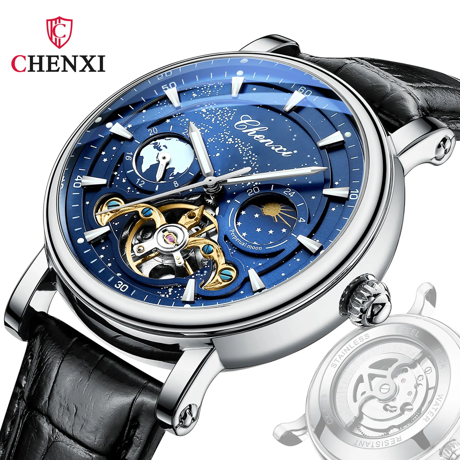 Fashion Leather Strap Mechanical Watches Men Watch Automatic Movement Tourbillon Skeleton Waterproof Watch With 24 hours Display