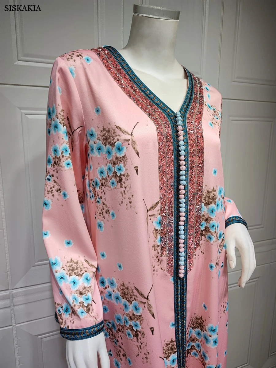 Ramadan Kaftan Dubai luksusowe diamenty długie sukienki kwiatowy Print dekolt w serek taśma koronkowa elegancka sukienka w stylu Casual, imprezowa