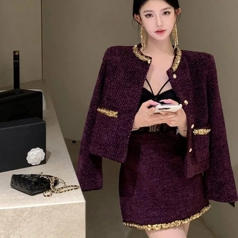 New Fashion Sequined Autumn Winter Two Piece Set Women Small Fragrance Elegant Slim Long Sleeve  Short Coat + Mini Skirt Suit