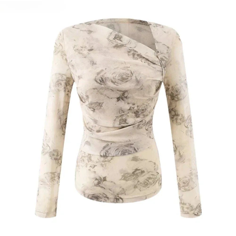 

2025 Sexy Tie-Dye Flirt Skew Collar Mesh T-Shirt for Women, Floral Print Asymmetric Pleated Waist Slim Fit Tee