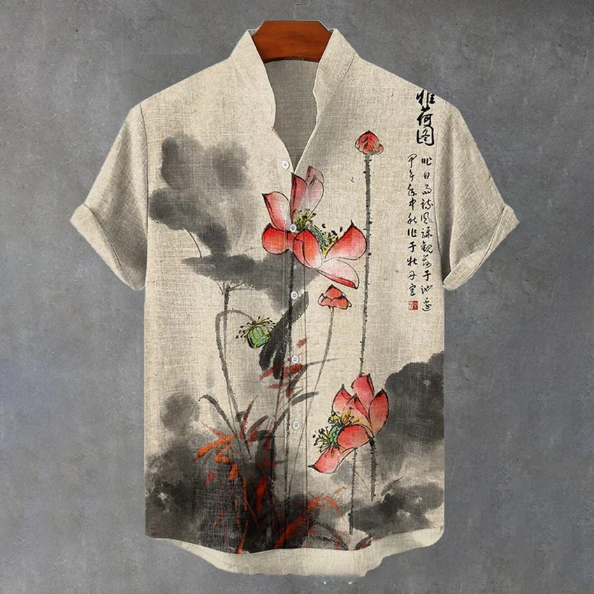 

High neck Hawaiian shirt with bamboo fabric for men, short sleeve printed top for casual wear
