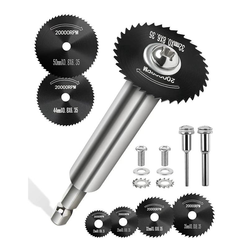 A7QHO-Cutting Wheel For Drill, Rotary Tool Cutting Discs With 6Pcs Steel Saw Blades, 1Pc 1/4In Hex Shank, 1/8In Round Shank