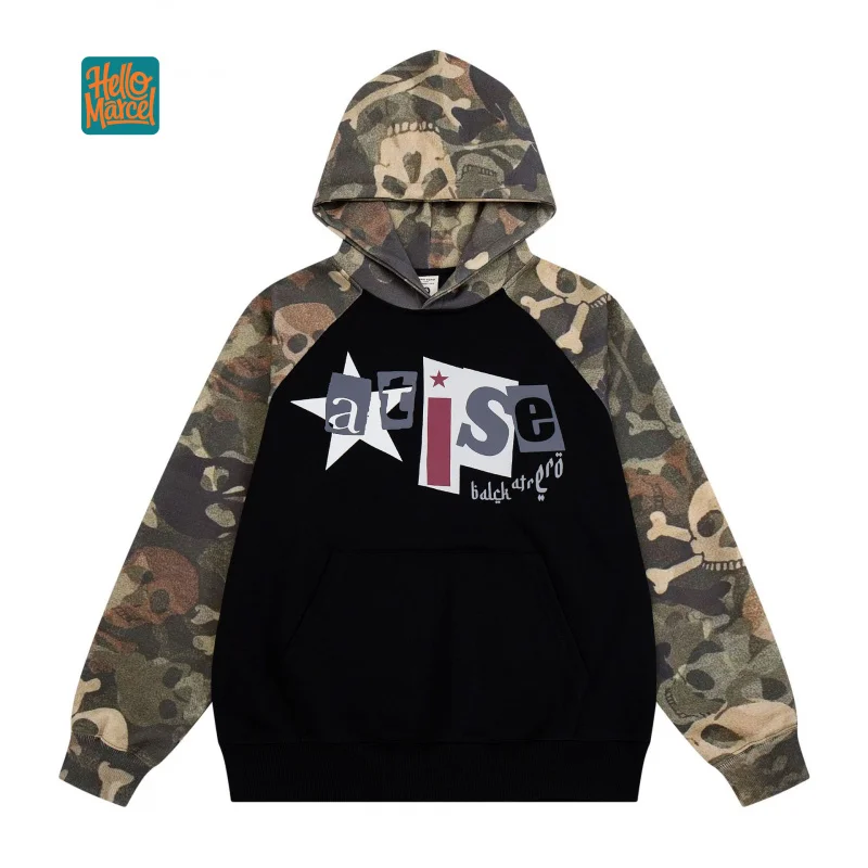 HELLOMARCEL Retro Camouflage Letter Print Raglan Sleeve Color-Blocking Hoodie For Men Women Autumn Casual Loose Fit Hoodie