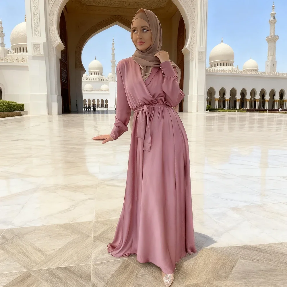 

Атласное платье женское мусульманское Абая Марокко Джалабия хиджаб Дубай Ларгос Турция ислам кафтан халат Longue Musulmane Vestidos Ramadan