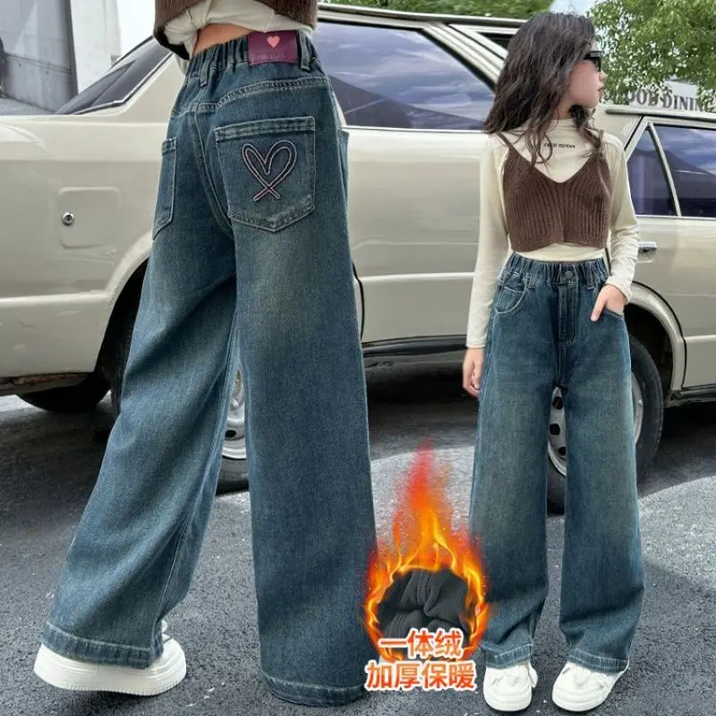 Warm Denim Pants With Fleece Lined Kids Thick Thermal Elastic Waist Trousers Children's Winter Insulated Jeans Hears for Girls