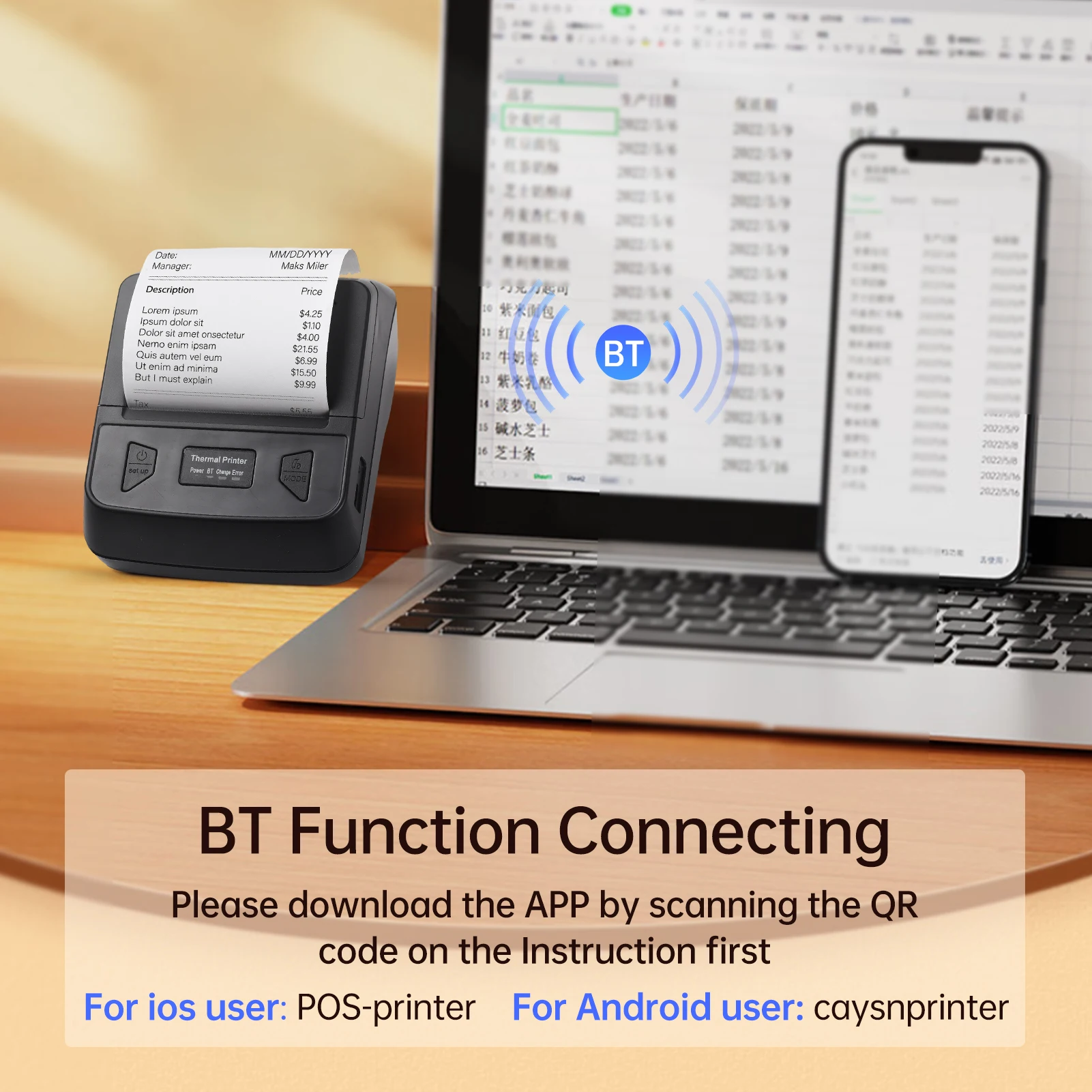 Bisofice Portable 80mm Receipt Label Printer Wireless BT Thermal Receipt Printer Mobile Bill Printer ESC/POS Print Command