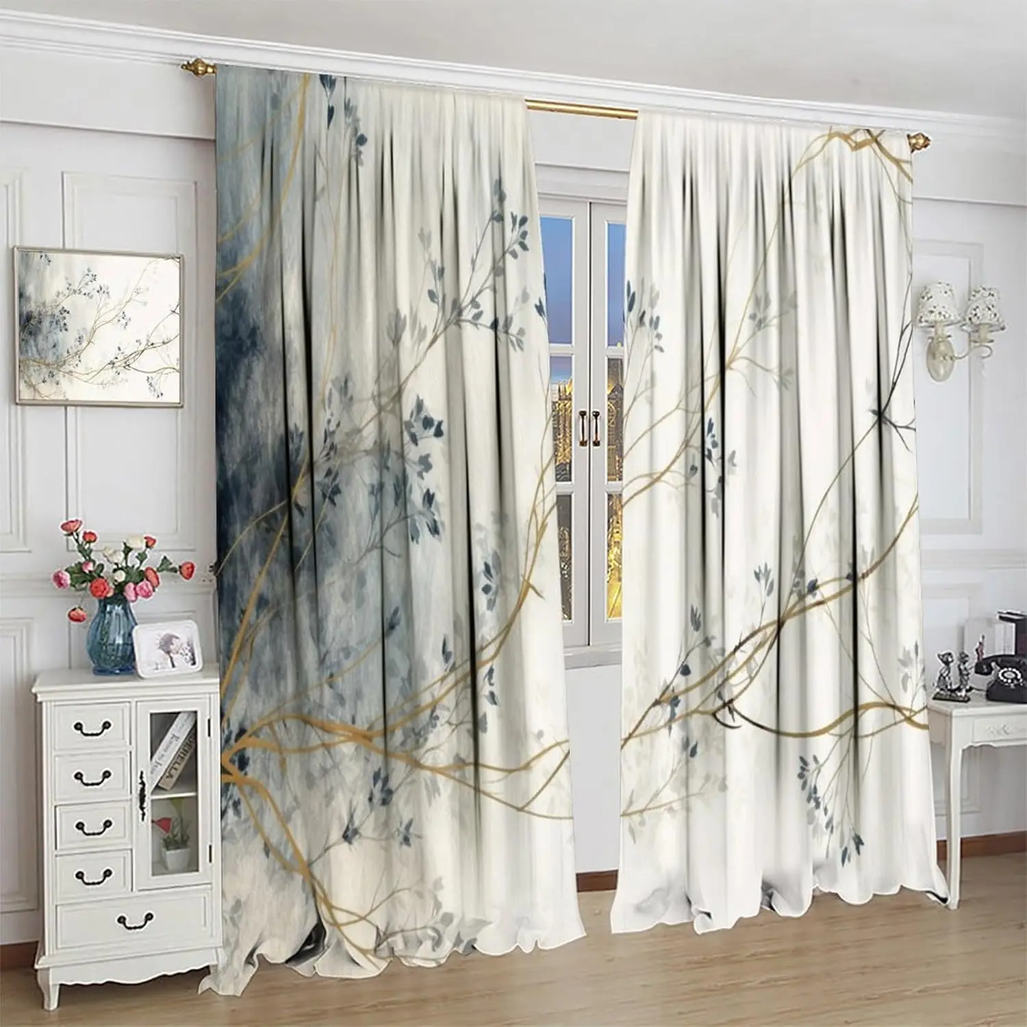Vintage Flower Blackout Curtains Mixed Blue Watercolor Floral Pattern Room Darkening Privacy Protect Window Treatments Bedroom