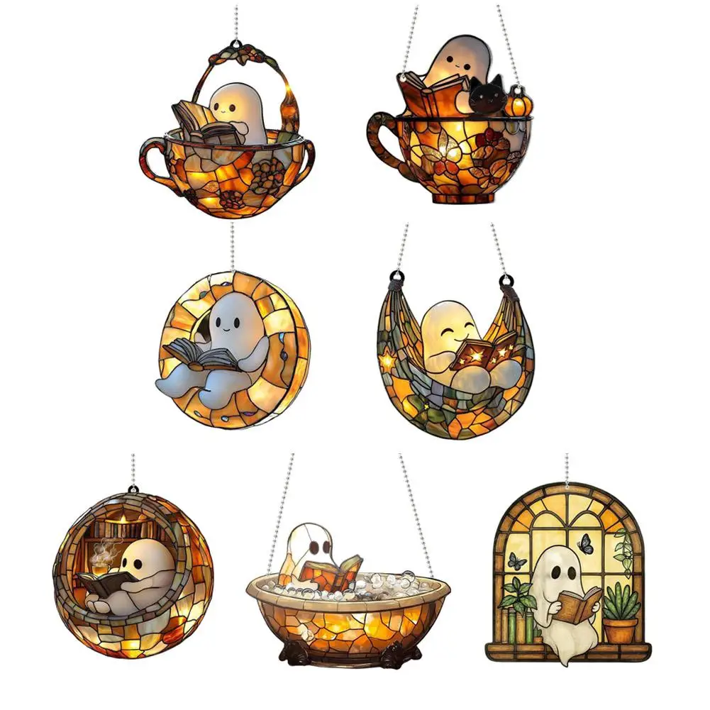 Halloween Ghost Reading Book Window Suncatcher Hanging Colorful Shadow Acrylic Window Hanging Ornament 2D Ghost Reading Book
