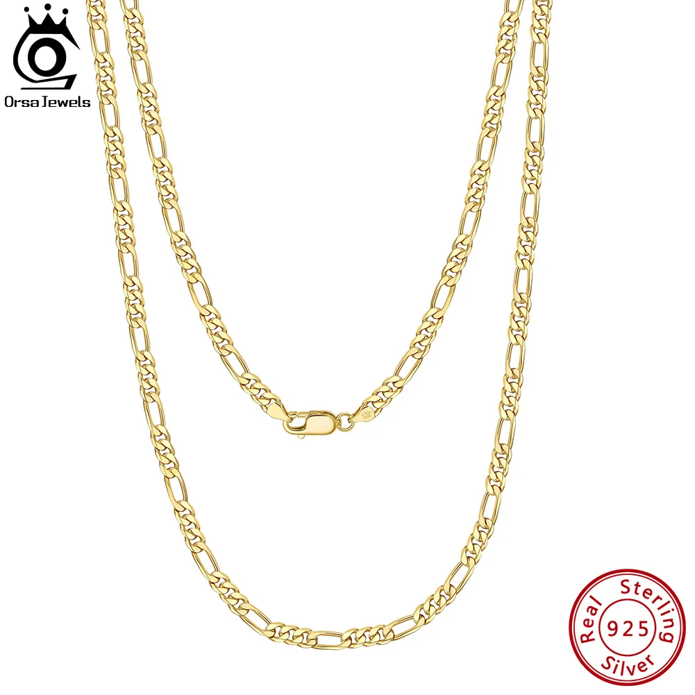 ORSA JEWELS Ręcznie robiony włoski naszyjnik z łańcuszkiem Figaro o średnicy 3,3 mm z diamentem 18-karatowego złota na 925 srebra próby 925 Biżuteria męska i damska SC34