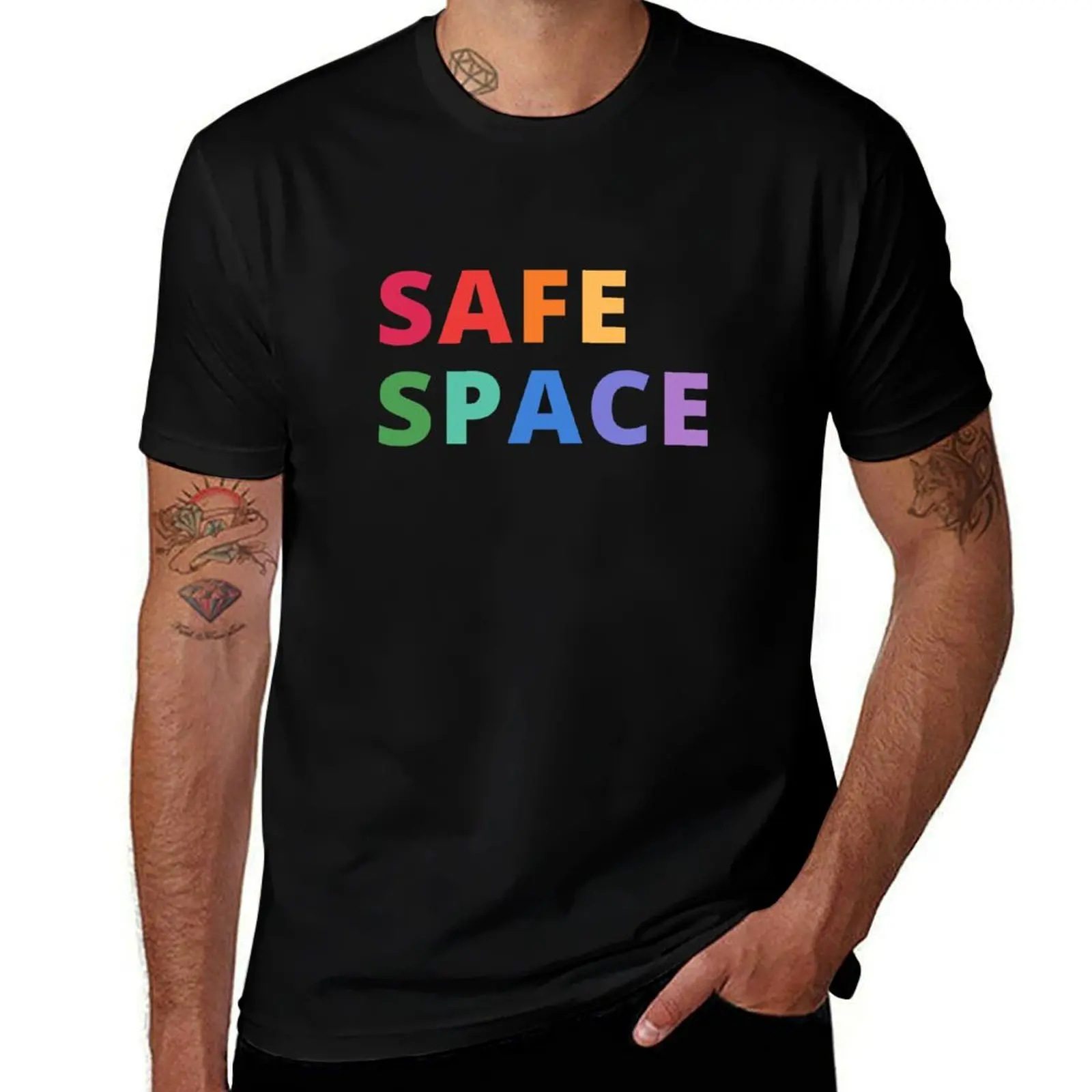 Safe Space Inclusive LGBTQIA+ Rainbow Text T-Shirt Fitness Quick Dry Short Sleeve Top