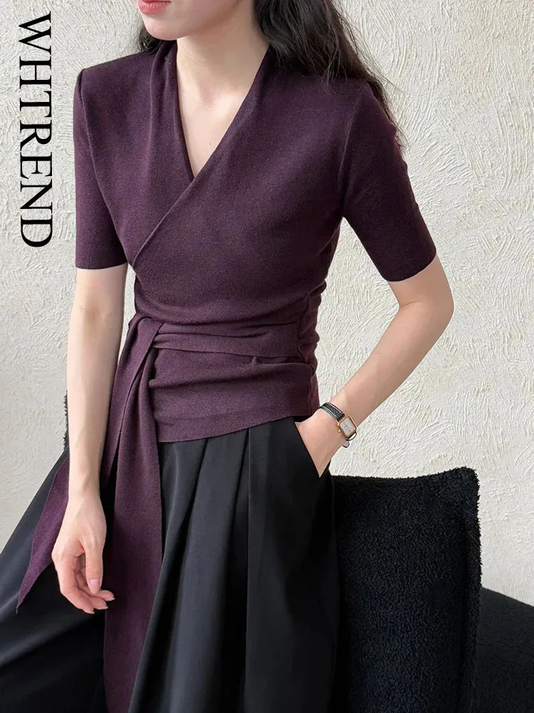 

WHTREND Irregular Tie Wool Knit Sweater For Women Autumn Winter New Design Gathered Waist V-Neck Pullover Top WH1274