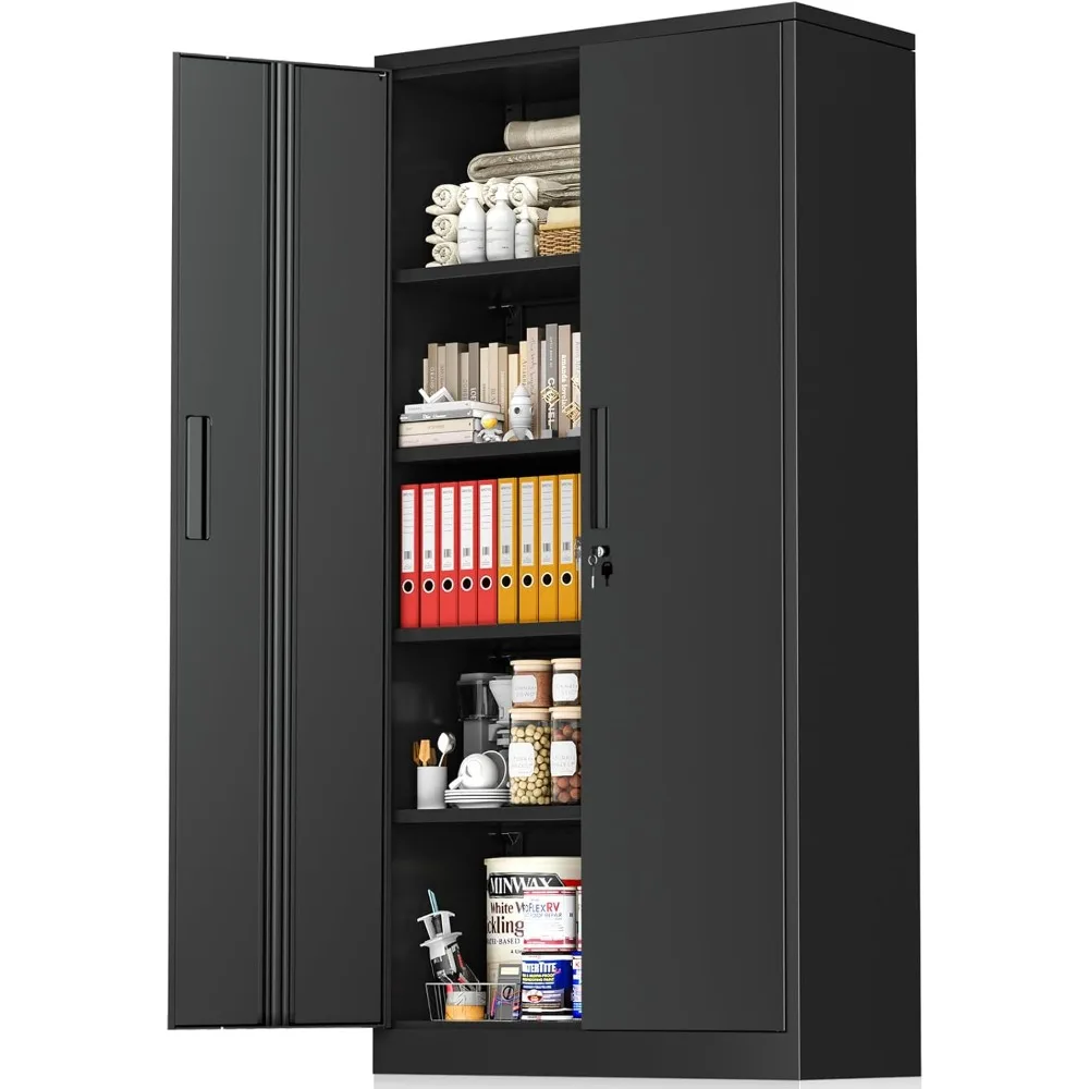 

Metal Storage Cabinet with Lock, 72” Black Garage Storage Cabinet with Doors and Shelves, Tall Lockable File &Tool Cabinet for