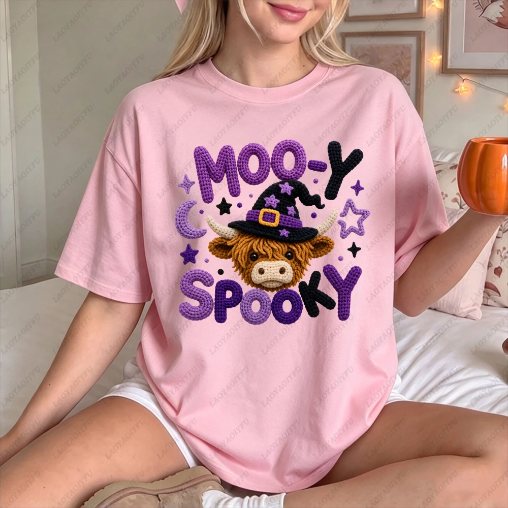 Moo-y Spooky Highland Cow Crochet Graphic T Shirt Women Halloween Witch Hat Print Short Sleeve Cotton Tee Casual Fall Apparel
