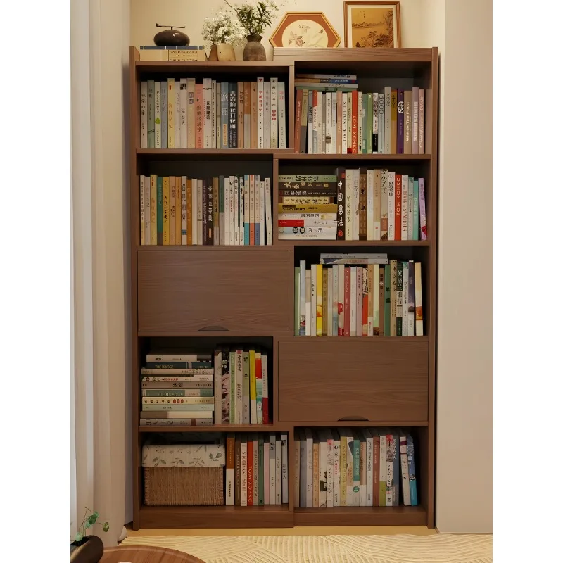 رف كتب من الخشب الصلب مع رف أرضي للباب، خزانة تخزين منزلية لغرفة المعيشة، خزانة كتب صغيرة بسيطة قابلة للسحب في العصور الوسطى #1
