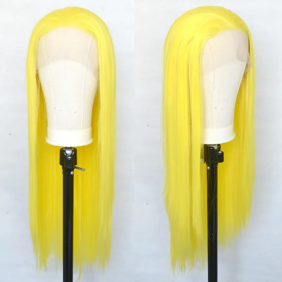 الليمون الأصفر الدانتيل الجبهة الباروكات الاصطناعية حريري مستقيم مثير الأصفر اليد تعادل استبدال الباروكات مقاومة للحرارة للحزب تأثيري D #2