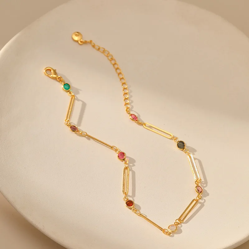 Bohemian Turquoise Beads 18k Gold Plated Paper Clip Chain Anklet for Women Color Zircon Summer Beach Jewelry Gifts Free Shipping