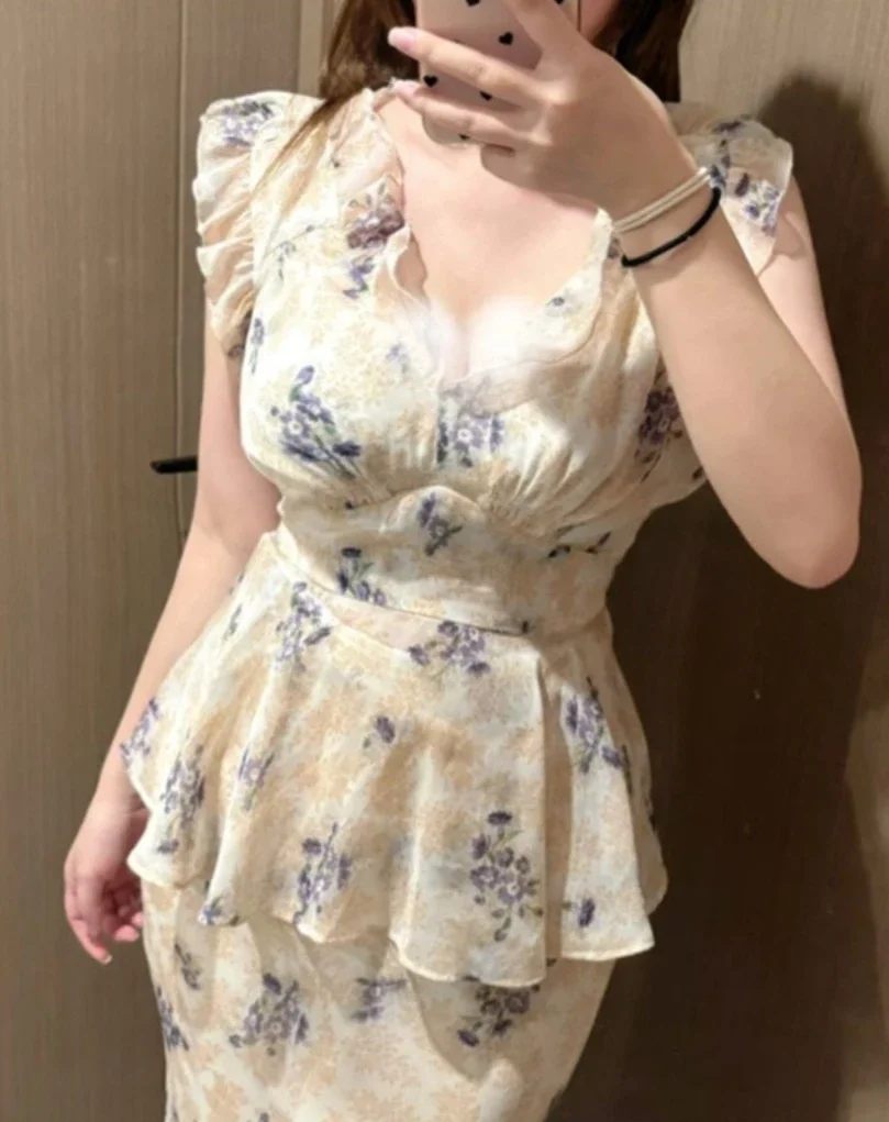 

Summer Sweet Print Sleeveless Blouse Shirts Vacation Style Slim Waist Elegant V-neck Fungus Top Japanese All-match Fairy Blusas