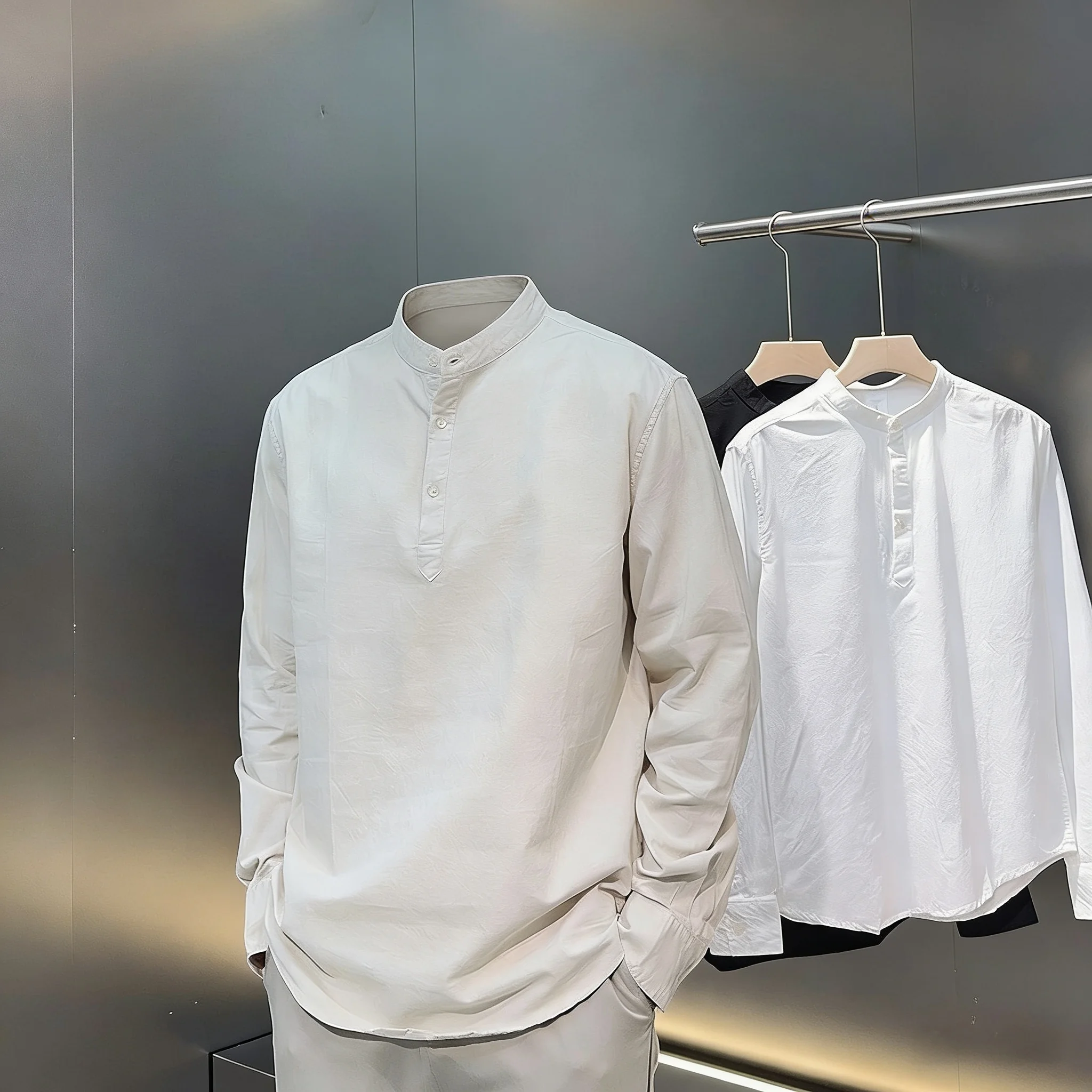 

Spring 2026 Pure Cotton Long Sleeve Overhead Half Open Mandarin Collar Men's Shirt Comfortable Breathable Loose Fit American ...