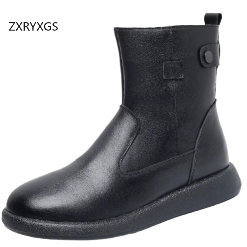 ZXRYXGS Top Layer Cowhide in-tube Boots Single Shoes Flat Boots 2026 Large Size Autumn Winter Boots Women Comfort Warm Snow Shoe