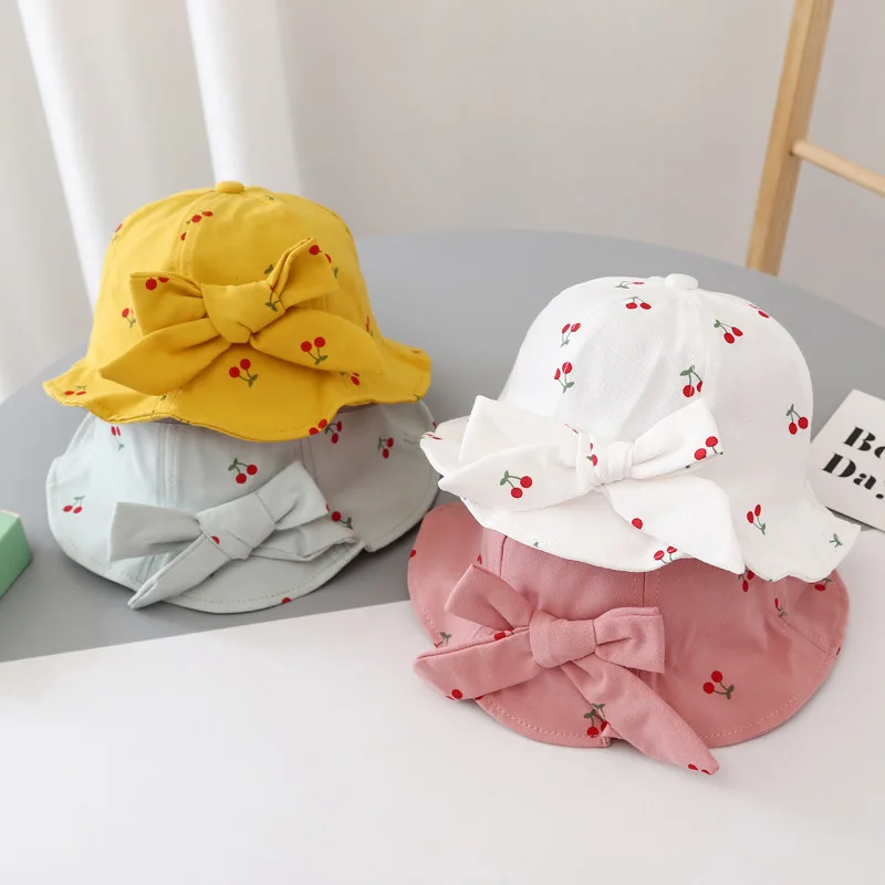 Spring Summer Cute Bows Kids Had Fruit Printed Children Girl Bucket Cap Soft Cotton Outdoor Fisherman Sun Hat New