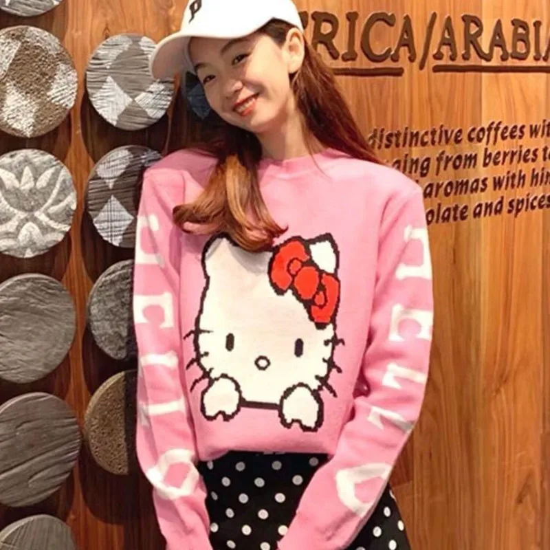 Sanrio Hello Kitty Long Sleeve Knitwear Fashion Crop Tops Women Sweater Slim Fit Korean Cartoon Round Neck Pullovers Y2k Clothes