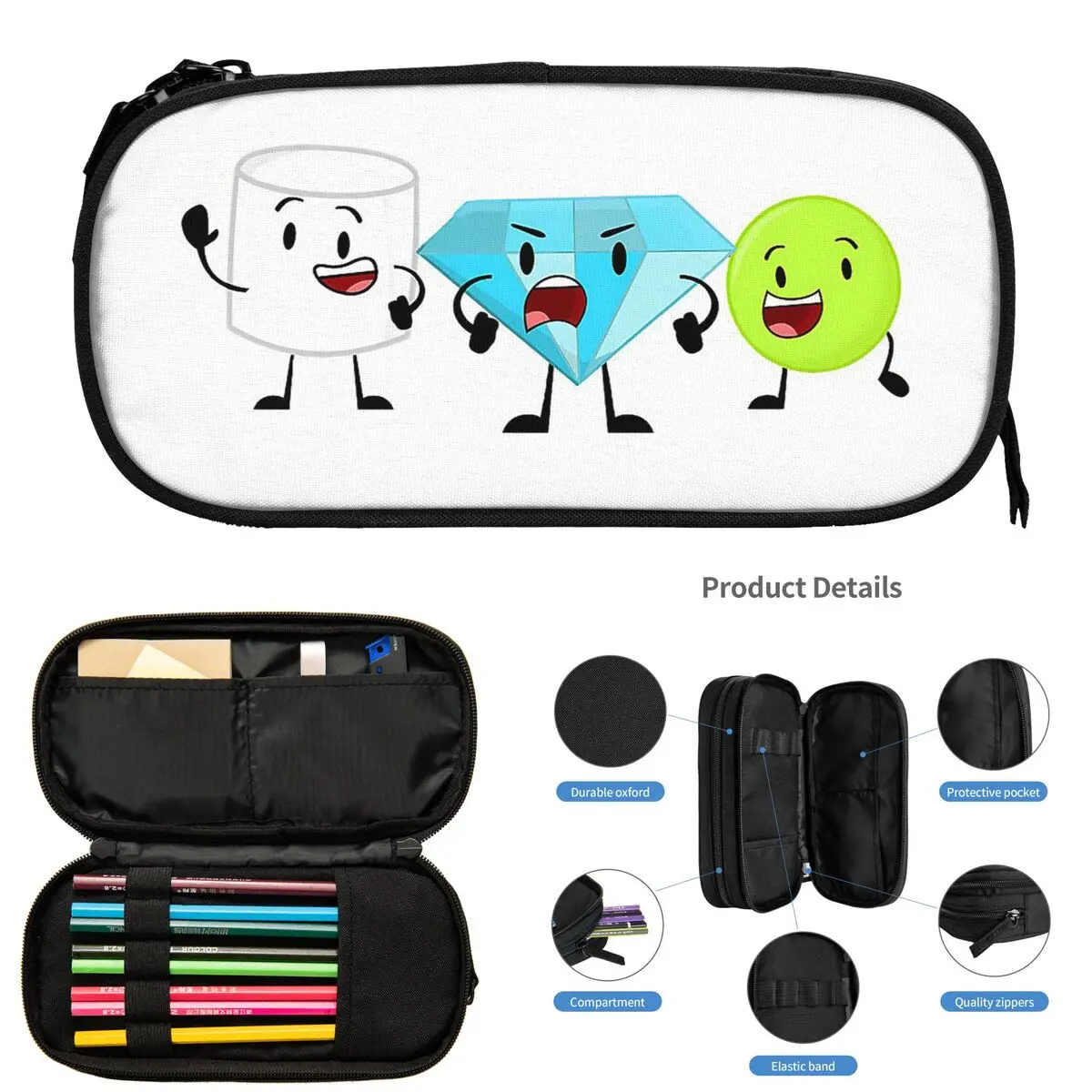 BFDI Inanimate Insanity, Todos os Personagens Estojos de Lápis para Estudantes Presentes Caneta Caixa Saco de Lápis Grande Armazenamento Bolsa de Lápis Armazenamento