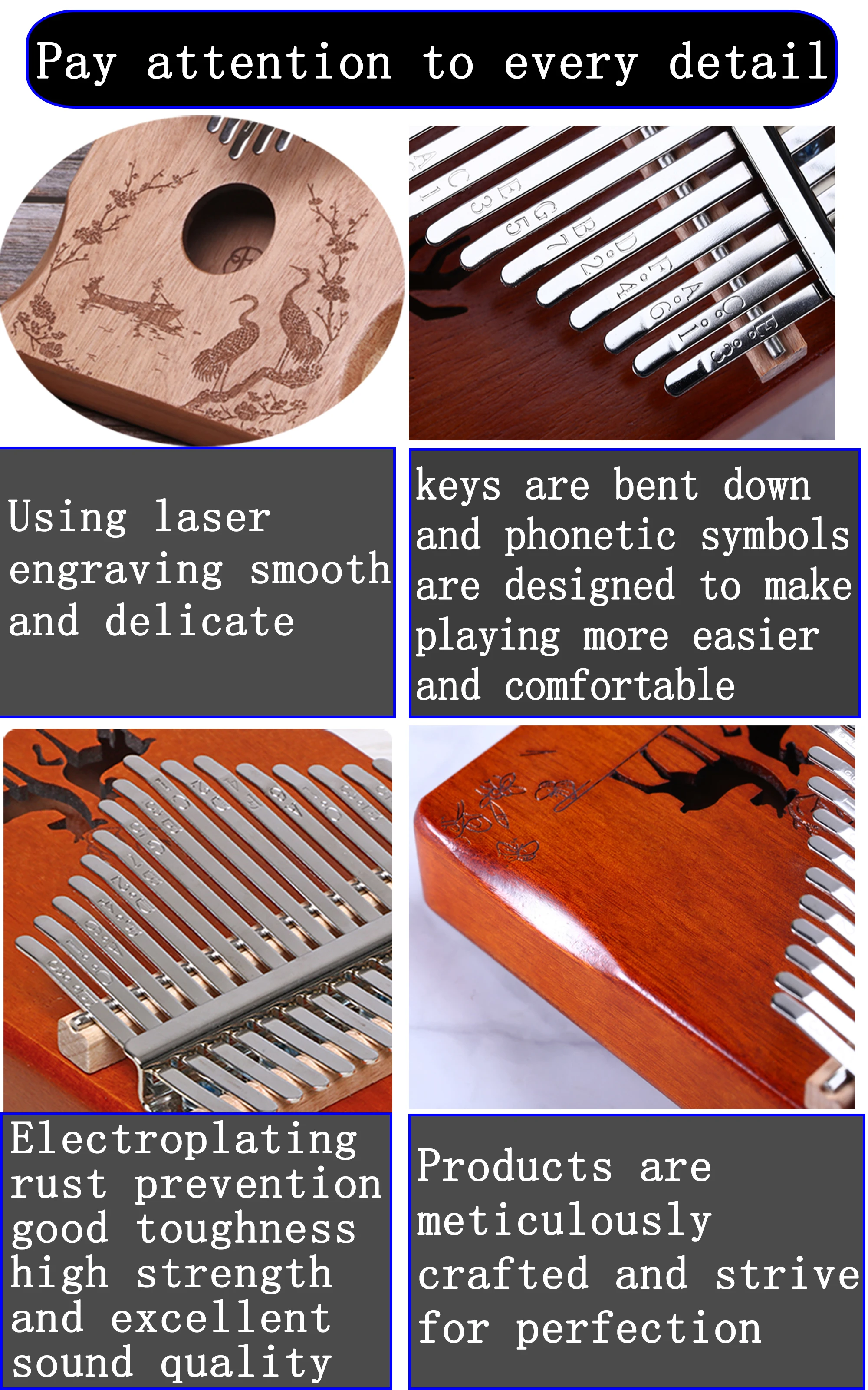 Lydesy 17-Tasten Kalimba Daumenklavier-Set, Manuell Gestimmt, Tragbares Fingerklavier, Geschenk für Kinder und Erwachsene, Anfänger, Festival, Geburtstag – Detail 5
