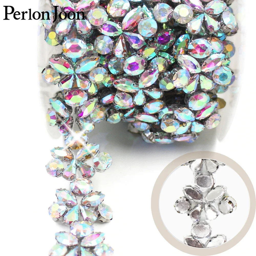 1 Yard AB Color Glass Leaf Crystal Rhinestone Encrusted Chain Ribbon Iron-On Applique Wedding Dress DIY Sewing Decoration TR172