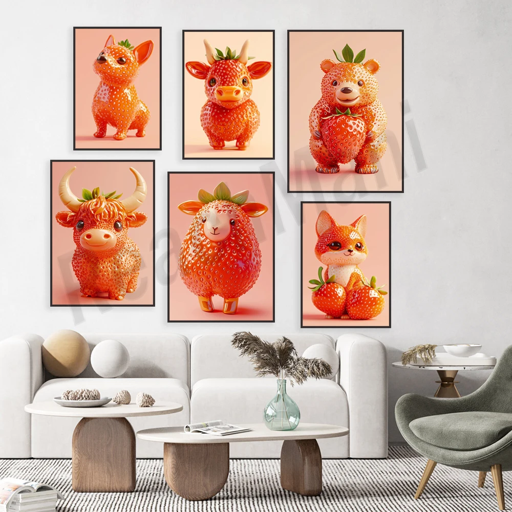 Giuseppe Acrimboldo inspiration strawberry cow, dog, fox, sheep, cat, bear, frog artwork print, fruit artwork, food poster