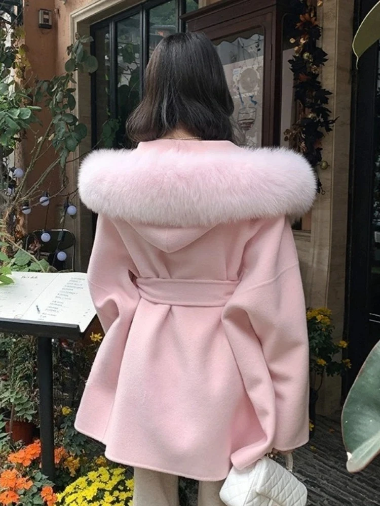 المرأة مزدوجة الوجه معطف الصوف الخريف الشتاء الملابس الإناث 2025 موضة جديدة مقنعين ريال فوكس الفراء الكشمير سترة صوفية