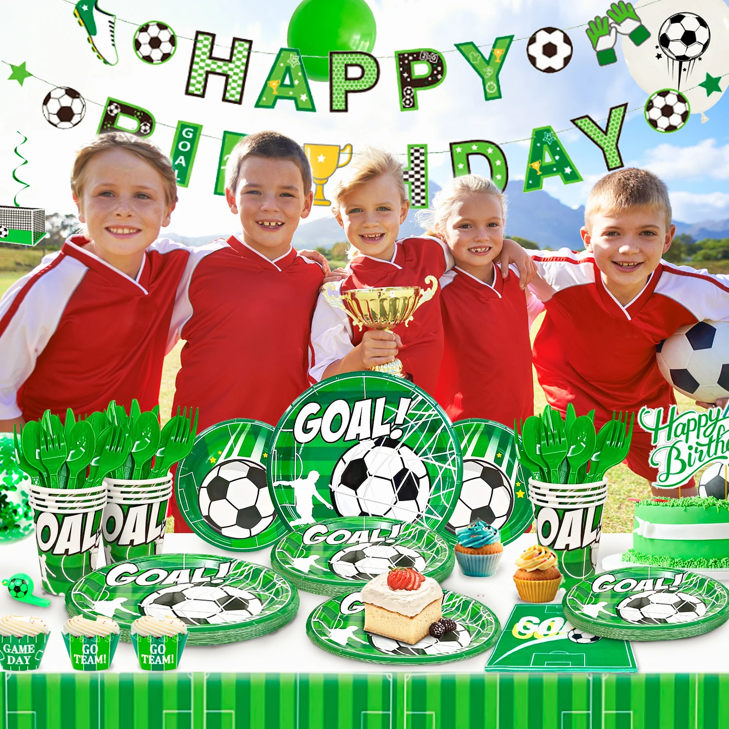 Soccer Party Decorations,181pcs Party Decorations&Tableware Set-Soccer Birthday Banner Balloons Whistle Keychain Plates etc