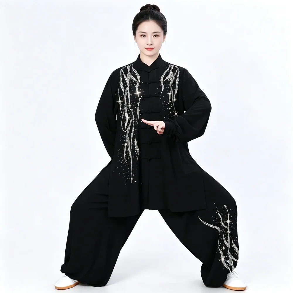 Adult Unisex Rhinestone Kung Fu Tai Chi Outfit Traditional Frog Buttons Loose Fit Martial Arts Performance Clothing