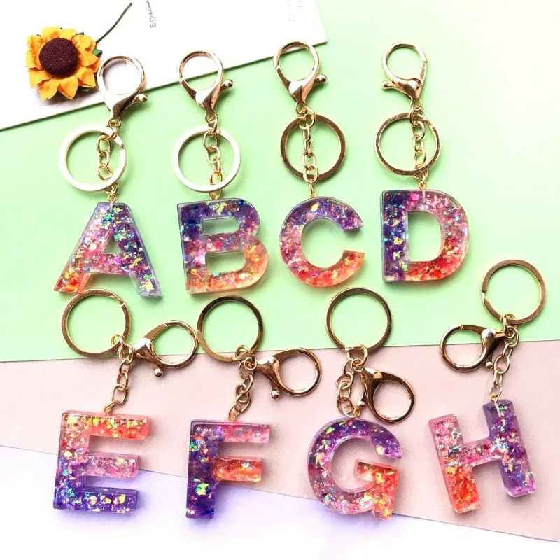 A-Z Glitter Resin Alphabet Initial Car Keychain Shiny Sequins Gradient Color Letter Key Ring Custom Initial Pendant Charm