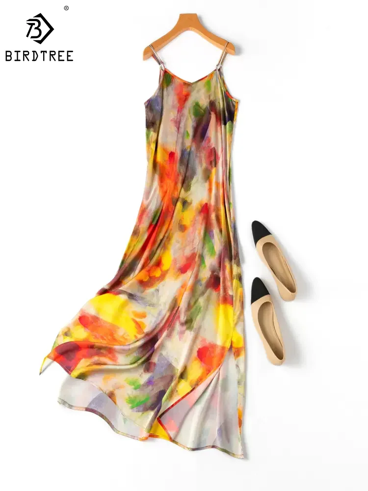 BirdTree 93% Real Silk Dress For Women, Spaghetti Strap Tie Dye Print, Fashion Elegant Satin Dresses, 2024 Summer New D42814QM