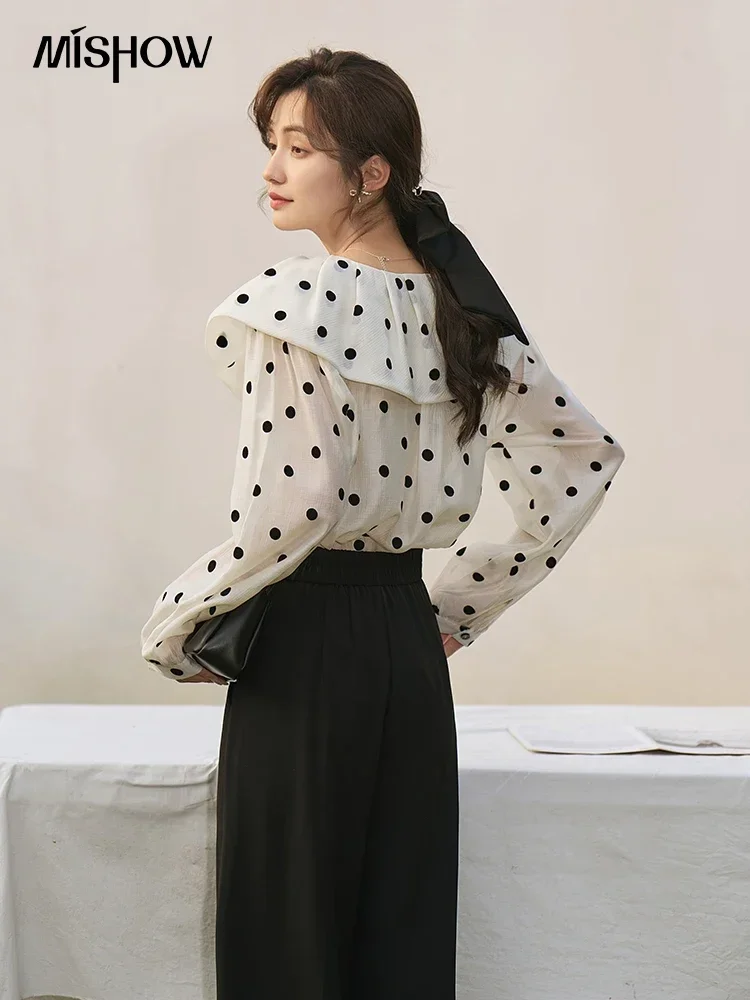 MISHOW Retro Polka Dot Blouses for Women Spring 2023 French Peter Pan Collar Shirt Sleeve Single Breasted Female Tops MXC14C0018