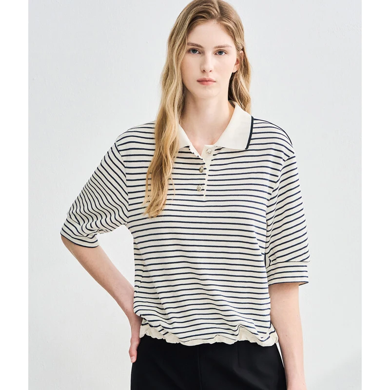 

Selfwill Casual Stripe T-irt Women's Collar Dstring f Sve Classic Commute Sle Loose Fit Summer Top