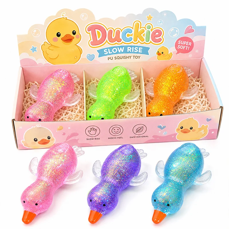 Maltose Glitter Duck Squishy Toy Slow Rising Animal Stress Relief Cute Sensory Fidget for Kids Adults Soft Squeeze Toy Gift ﻿