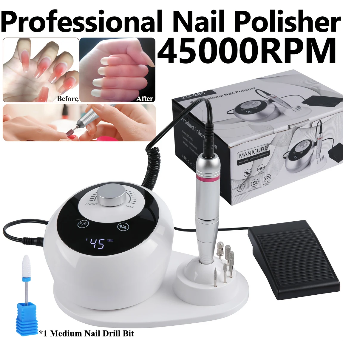 Upgraded Professional White 45000 RPM Electric Nail Grinder, Low-Noise Nail Care with Sanding Head, Hand & Foot Care Equipment