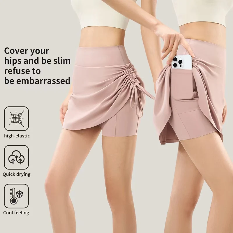 

Fake Two-piece Drawstring Yoga Skort, 2026 New High Waist Tummy Lifting Sports Shorts, Outdoor Tennis Fitness Wear