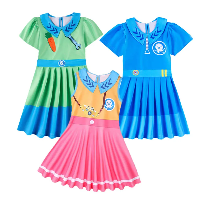 Mùa Hè Quần Áo Trẻ Em Cho Bé Gái Các Octonauts Đầm Nữ Tay Ngắn Bạch Tuộc In Ice Lụa Công Chúa Vestidos Trẻ Em Dễ Thương Trang Phục