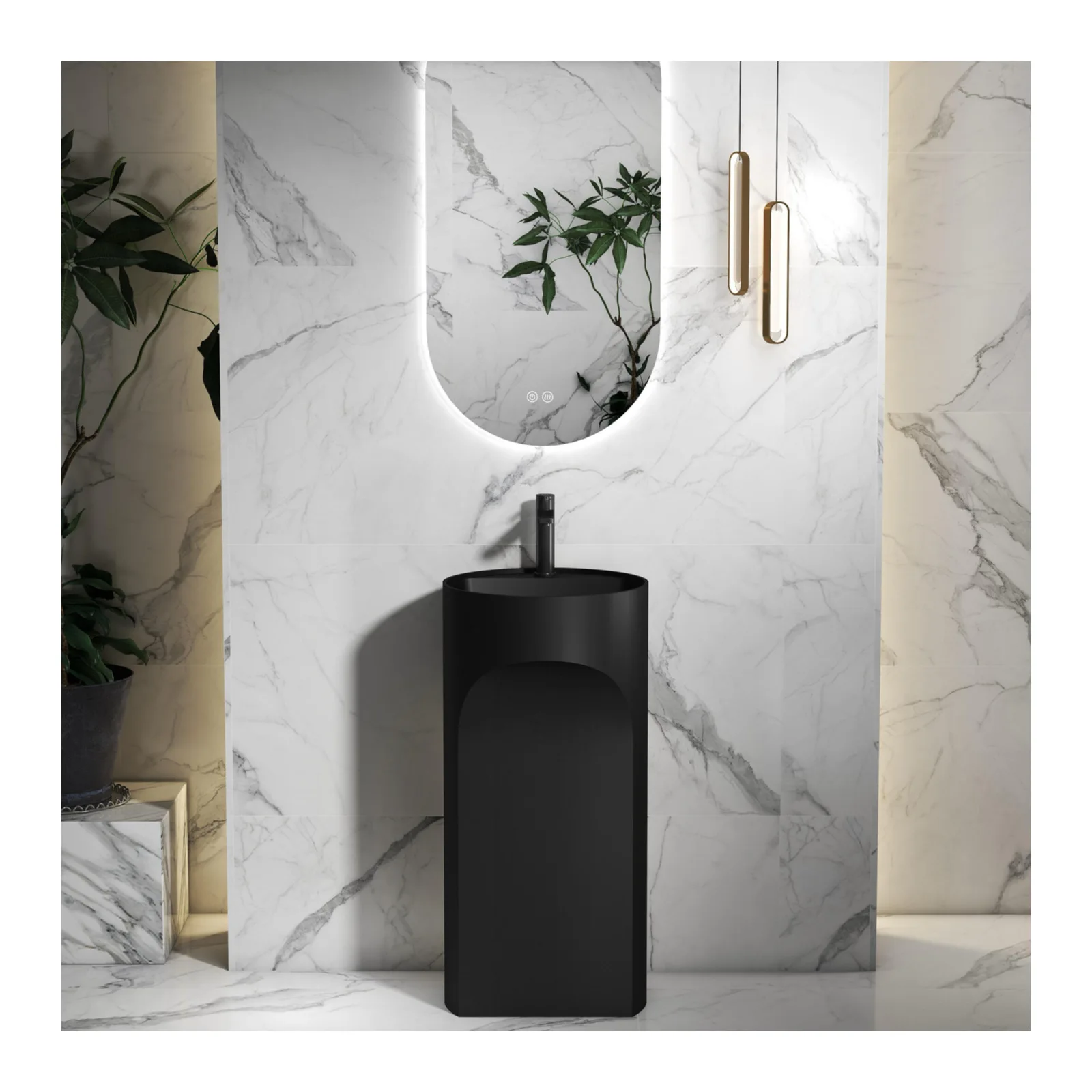

Customized Matte Black Round Shape Solid Surface Freestanding Modern Design Bathroom Sink Artificial Pedestal Wash Basin