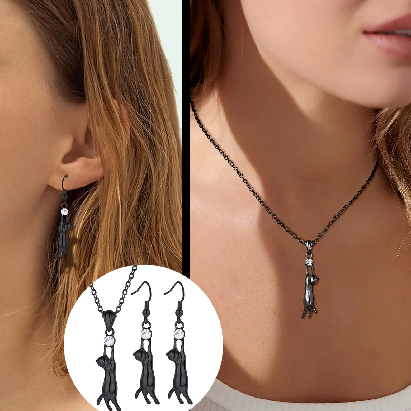 U7 Cute Cat Jewelry Set for Woman Necklace Earring Set Cute Cat Chasing Ball CZ Jewelry Gift for Cat Person
