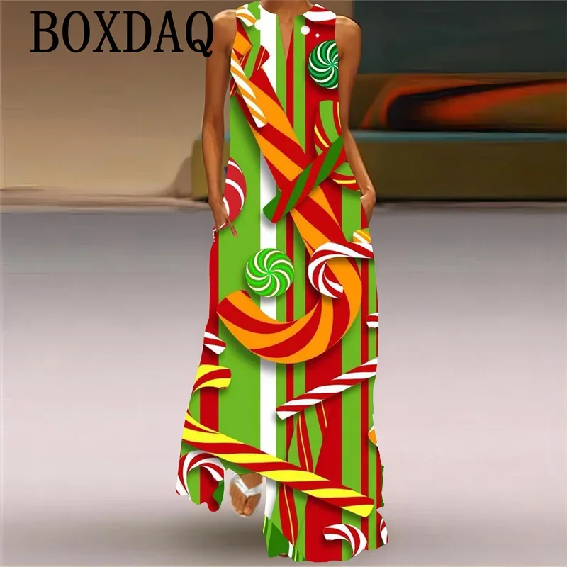 Robe longue de fête de Noël pour femmes, robe maxi à col en V, bloc de documents, impression d'arbre de Noël de dessin animé, vêtements féminins