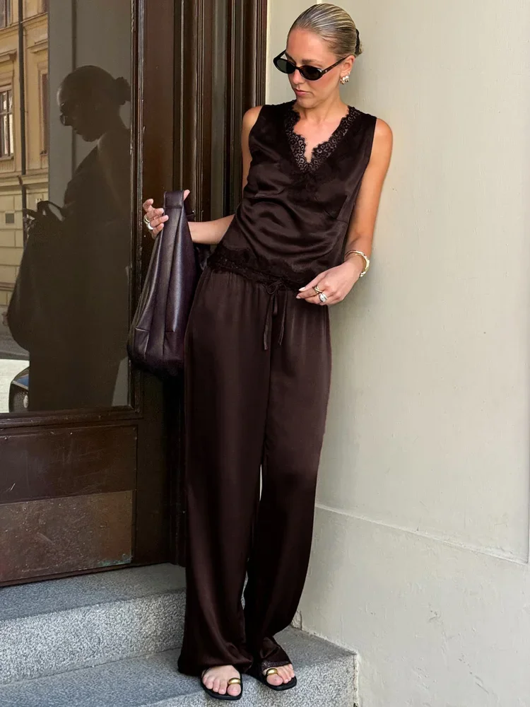 

Fashion Lace Satin 2 Piece-Set Women Pants Sleeveless Patchwork Cropped Top And High Waist Elegant Straight Trousers Sets